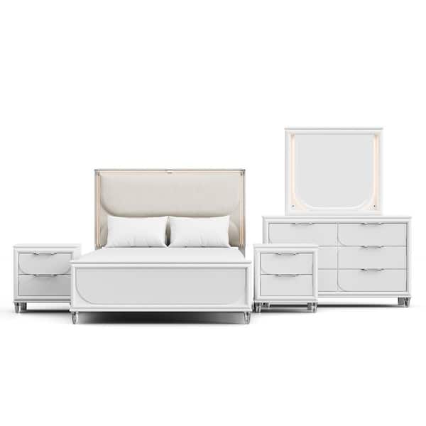 Glosan 5-Piece Pearl White Wood Frame Full Platform Bedroom Set with LED on Headboard and Mirror, Hidden Jewelry Drawers