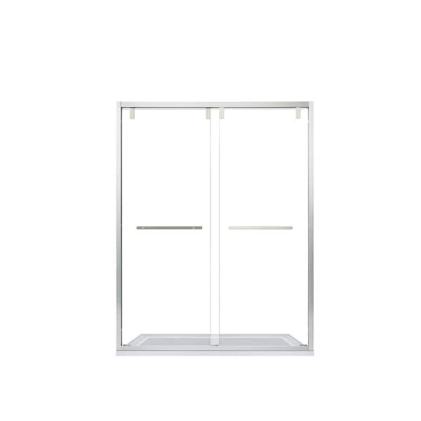 ROSWELL Brescia 56 in. W x 76 in. H Double Sliding Framed Shower Door in Brushed Nickel Finish with Clear Glass
