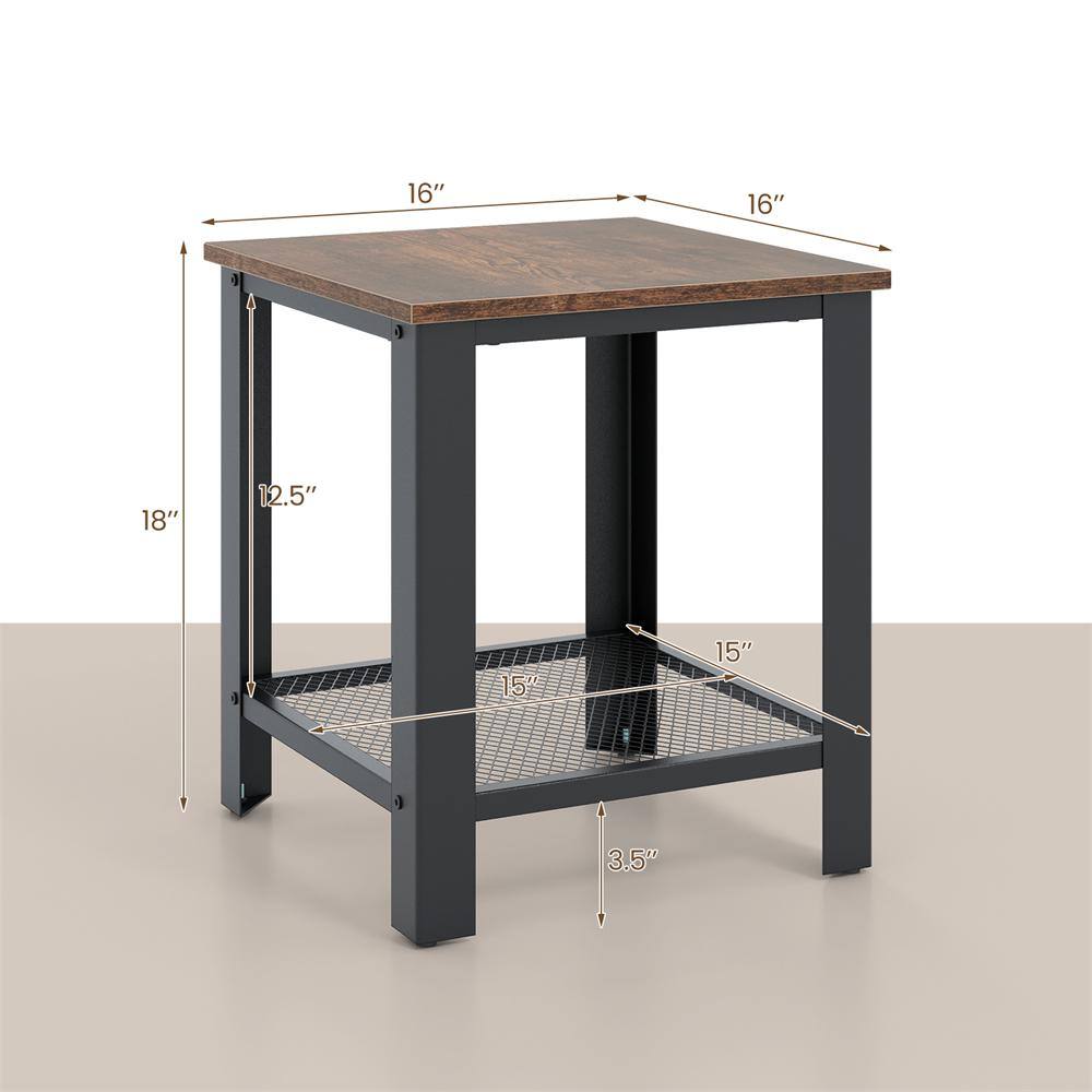 Industrial Black Metal and Wood 2-Tier End Table
