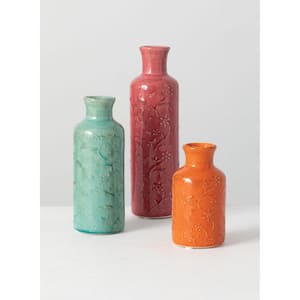 10", 7.5", and 5.5" Ceramic Multicolored Floral Relief Bottles -Set of 3