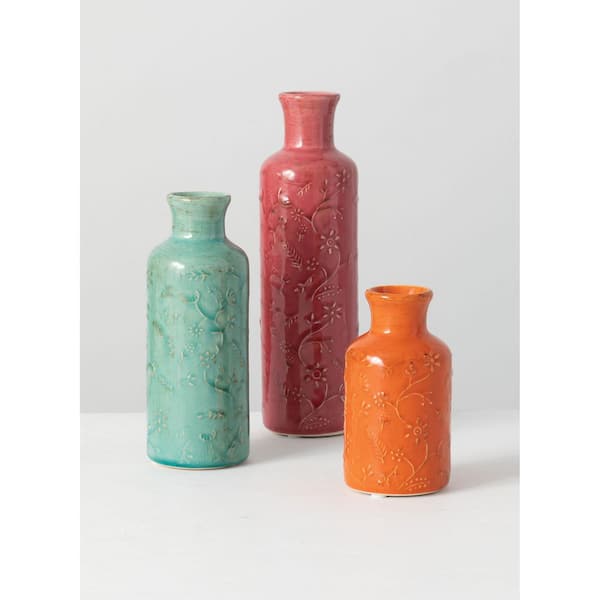SULLIVANS 10", 7.5", and 5.5" Ceramic Multicolored Floral Relief Bottles -Set of 3