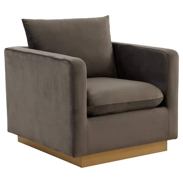 Leisuremod Nervo Modern Gold Frame Dark Grey Velvet Upholstered Accent Arm Chair With Removable cushions