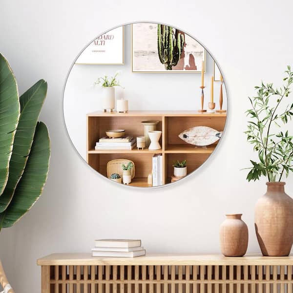 Lester 32 in. x 32 in. Modern Round Silver Aluminum Framed Shatter Proof Accent Wall Mirror