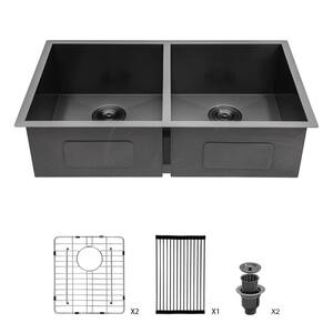 18 Gauge 33in.W Undermount Double Bowl Black Stainless Steel Apron Front Kitchen Sink with with Two Bottom Grid Gunmetal