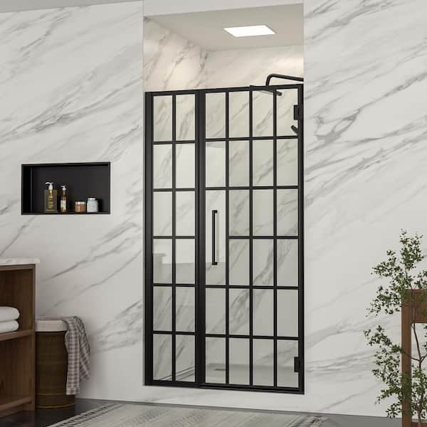 LORDEAR 40 in. to 40-4/5 in. W x 72 in. H Semi-Frameless Pivot Shower Door in Matte Black with Pattern Glass