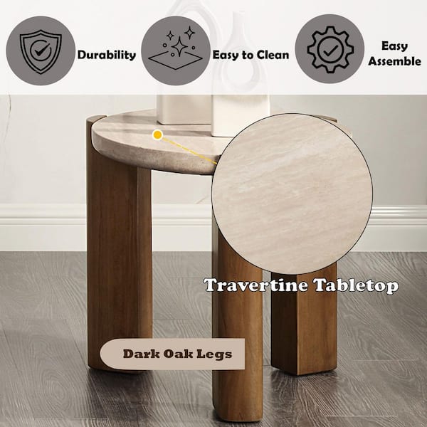 Acme Furniture Leonardo 22 in. Dark Oak Round Stone Travertine End