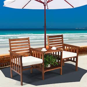 3-Piece Acacia Wood Patio Conversation Set with White Cushions and 2-tier Coffee Table with Umbrella Hole