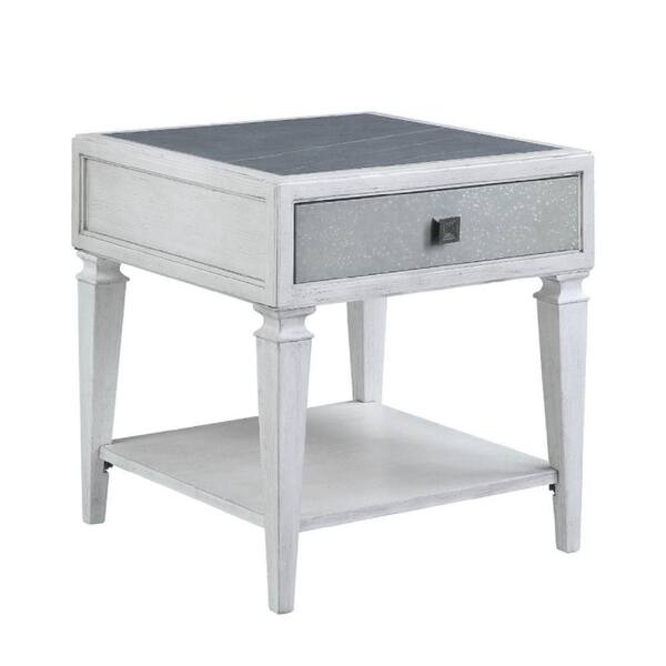 Benjara 24 in. Antique White Square Wooden End Table with Sintered Stone Top and Tapered Legs