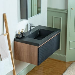 TN 35.38 in. W x 19.63 in. D Single Sink Floating Bath Vanity in Mature Oak with Matte Black Quartz Top