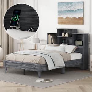 Gray Wood Frame Full Size Platform Bed with Storage Headboard, Open Shelves, USB Charging Design