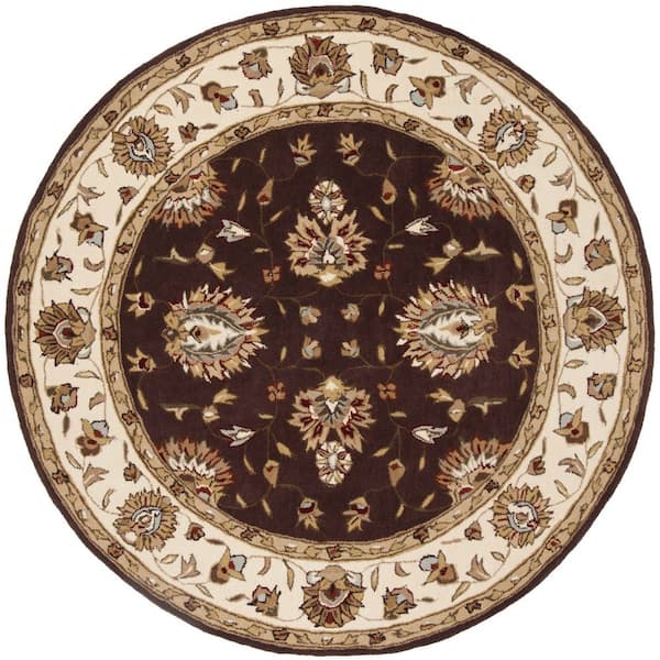 Total Performance 8 ft. x 8 ft. Brown/Ivory Floral Border Round Area Rug