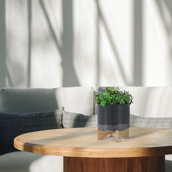 8 in. Black and Gray Ceramic Modern Flower Pot with Stand, Planter with Frost and Heat Resistant and Drainage