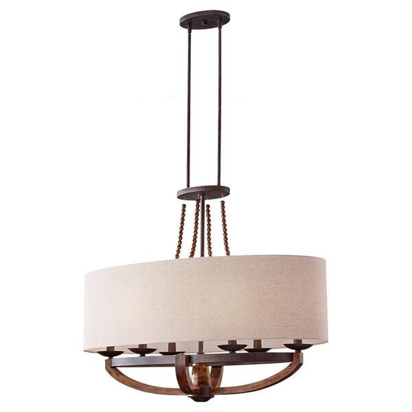 Generation Lighting Adan 35.625 in. W 6-Light Rustic Iron/Burnished Wood Billiard Island Chandelier with Beige Linen Fabric Shade and Beads