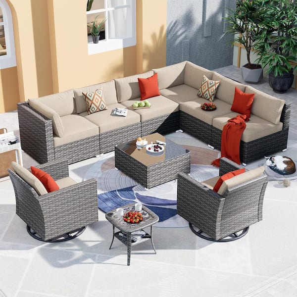 XIZZI Muses Gray 10-Piece Wicker Outdoor Patio Conversation Seating Set with Beige Cushions