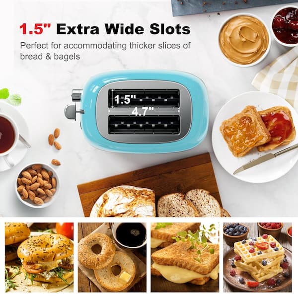 JEWJIO Long Slot White Toaster 2 Slice With Blue Buttom, 1.5”Wide Slot Slim  2 Slice Toaster, One Long Slot Toaster with Defrost/Reheat/Cancel/6 Bread