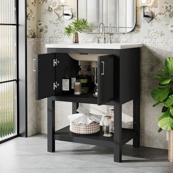 24 in. Single Sink Freestanding Black Bath Vanity with White Cultured Marble Top