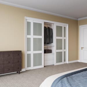 96 in. x 80 in. 3-Lite Frosted Glass White Primed MDF Interior Closet Sliding Door with Hardware