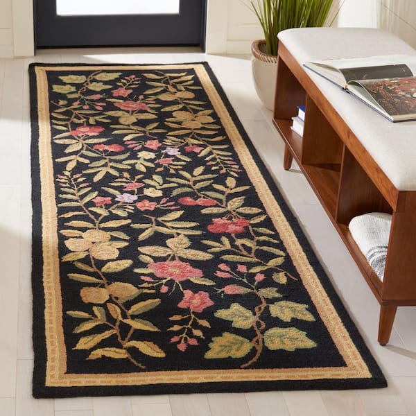 Chelsea Black 3 ft. x 12 ft. Solid Border Floral Runner Rug
