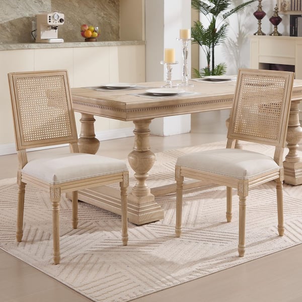 Peggy Beige Cotton Linen Natural Rattan Backrest Armless Dining Chair (Set of 2) with Square Back
