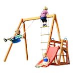 Kids Wooden Swing Set with Slide, Outdoor Playset Backyard Activity Playground Climb Swing Set