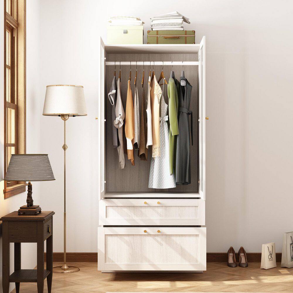 Light Oak Wood 31.5 in. Bedroom Armoire with Frosted Tempered Glass Doors, Hanging Rod and 2-Drawers - thumbnail 2