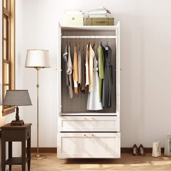 Light Oak Wood 31.5 in. Bedroom Armoire with Frosted Tempered Glass Doors, Hanging Rod and 2-Drawers