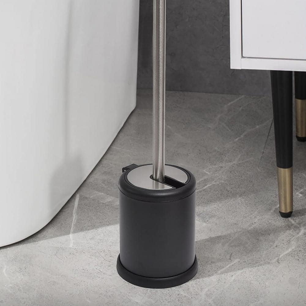 Compact Black and Stainless Steel Toilet Brush Set with Folding Lid