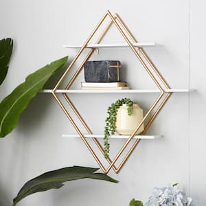 20 in.  x 20 in. Gold 3 Shelves Wood Wall Shelf with Diamond Shape