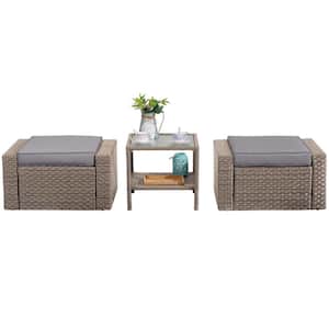 Brown 3-Piece Wicker Patio Conversation Set with Gray Cushions