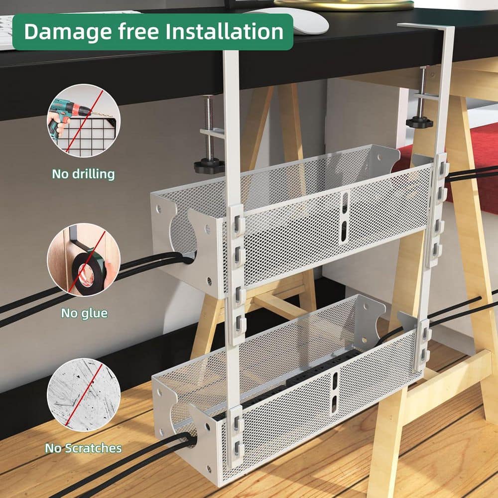 Under Desk Cable Management Tray Clamp Mount No Damage Installation White 2 Pack
