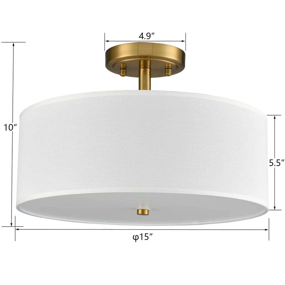 15-Inch Brass Gold Semi Flush Mount Drum Shade LED Ceiling Light
