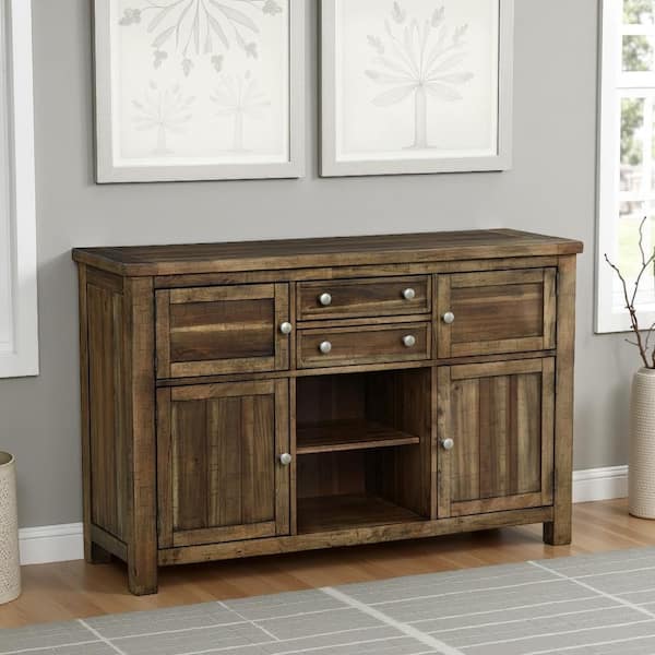 Brown Wood 68 in. Sideboard Console Cabinet with Silver Metal Touch Open Door