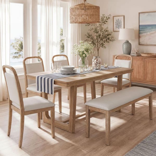 6 Piece Natural Wood Top Dining Table Set Seats 6 with 4 Linen Chairs, 1 Bench