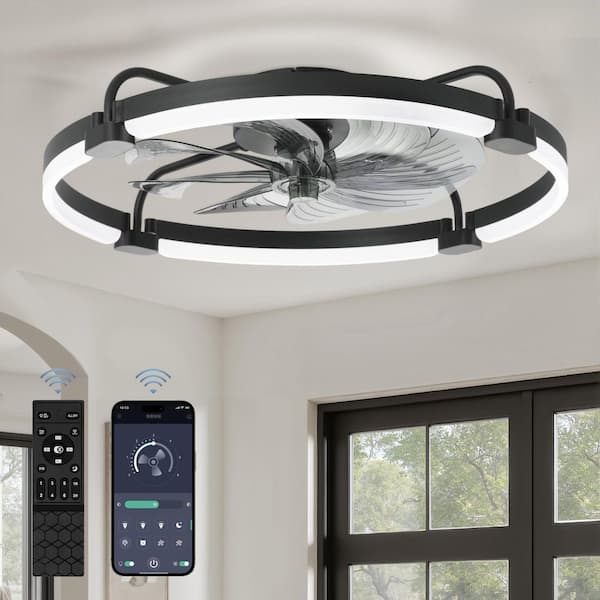 24 in. Black Modern Indoor 3000-6000K Dimmable LED Fandelier Low Profile Ceiling Fans with Lights and Remote for Bedroom