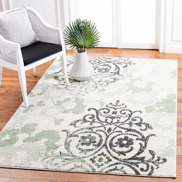 Adirondack 4 ft. x 4 ft. Square Ivory/Green Floral Damask Area Rug