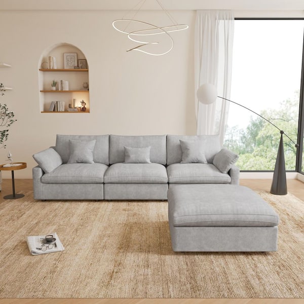 Oversized 119 in. Flared Arm Down Filled Gray Plush Linen Modular L-shaped Cloud Couch Sofa with Ottoman, Washable Cover