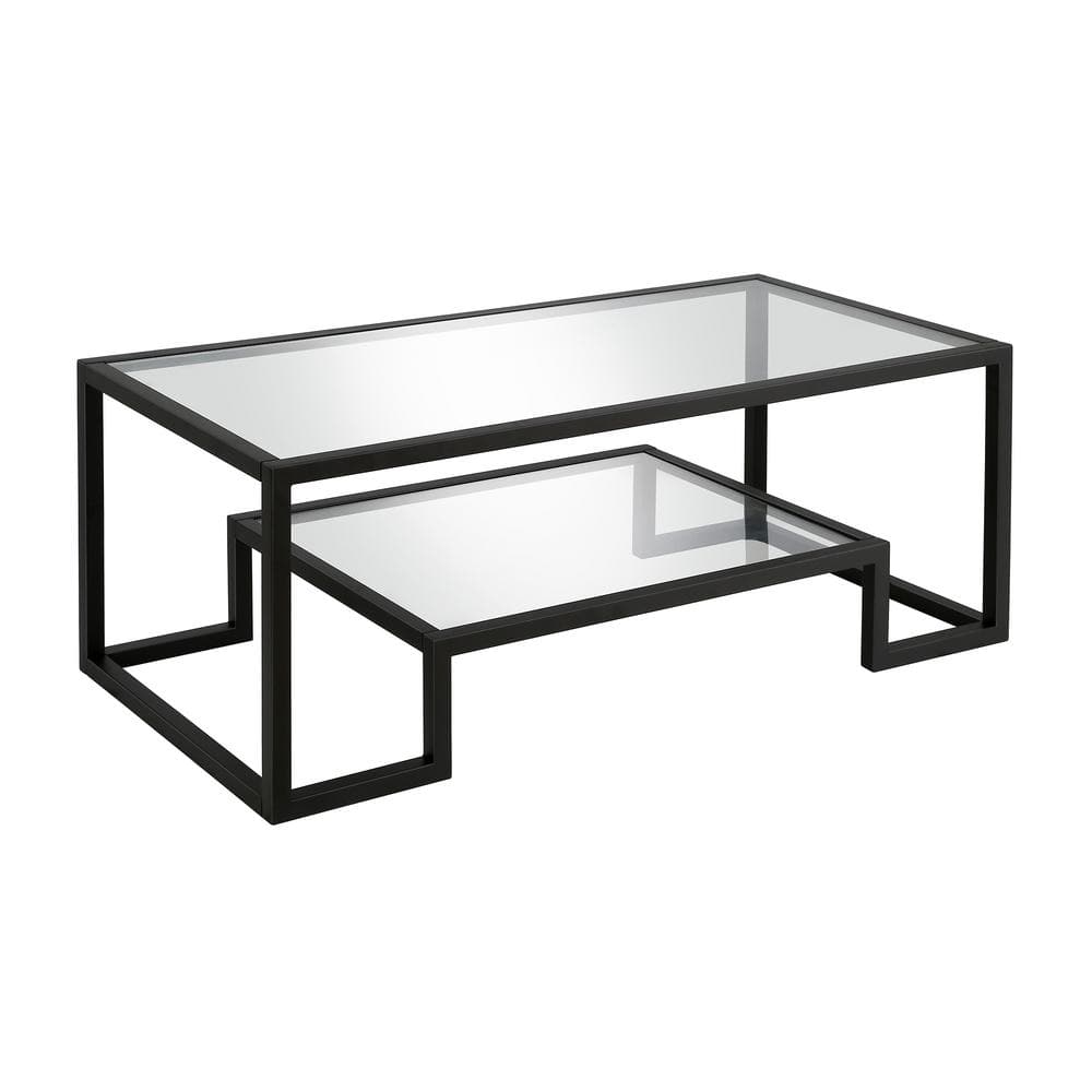 Blackened Bronze Rectangular Glass Coffee Table with Lower Shelf