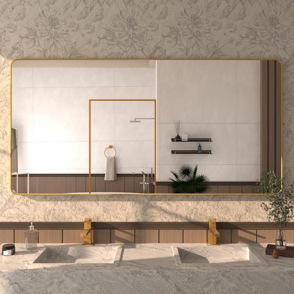Hermitage Bath Cosy 72 in. W x 36 in. H Rectangular Framed Wall Bathroom Vanity Mirror in Brass