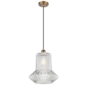Springwater 1-Light Brushed Brass Tubed Pendant Light with Clear Spiral Fluted Glass Shade