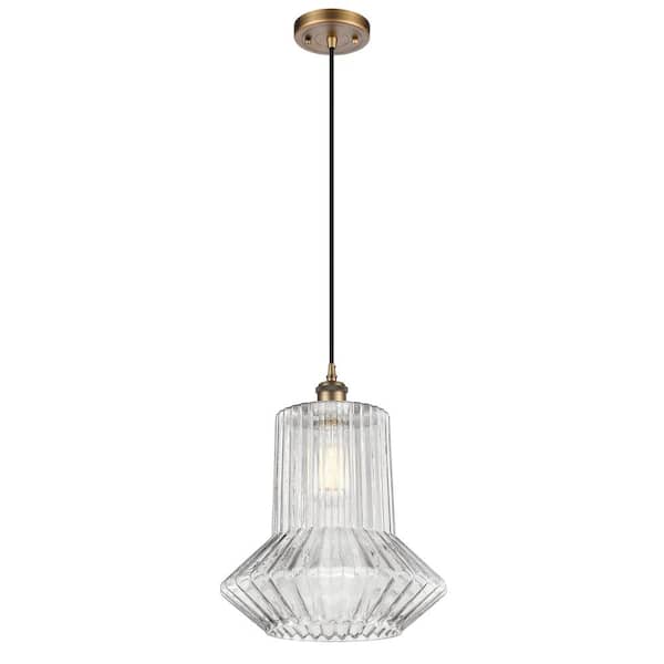 Innovations Springwater 1-Light Brushed Brass Tubed Pendant Light with Clear Spiral Fluted Glass Shade