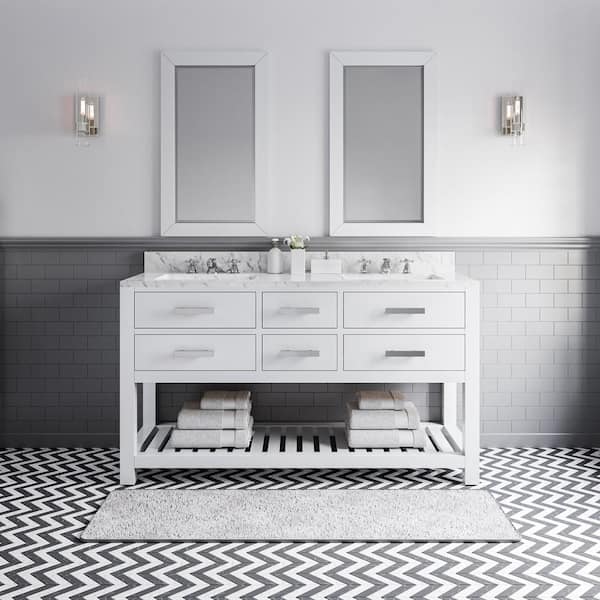 Water Creation 60 in. W x 21.5 in. D Vanity in White with Marble Vanity Top in Carrara White, 2 Mirrors and Chrome Faucets