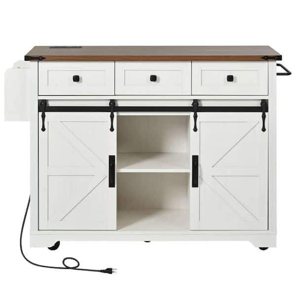 Oasis White Wood 53.75 in. Kitchen Island with Power Outlet, 2 Sliding Barn Door Kitchen Storage Island with Drop Leaf