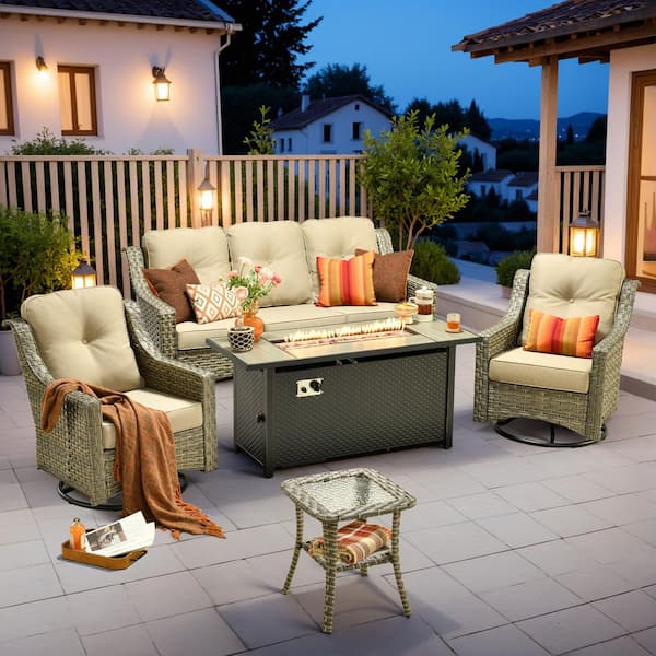 Cherry 5-Piece Wicker Outdoor Fire Pit Furniture Patio Conversation Sofa Set with Swivel Chairs and Beige Cushions