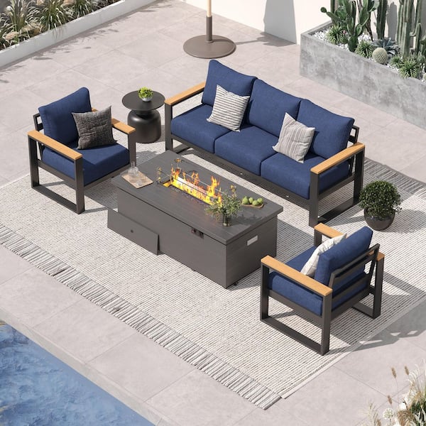 4-Piece Aluminum Patio Conversation Set with 51 in. Fire Pit Table and 5-Seat with Navy Cushions