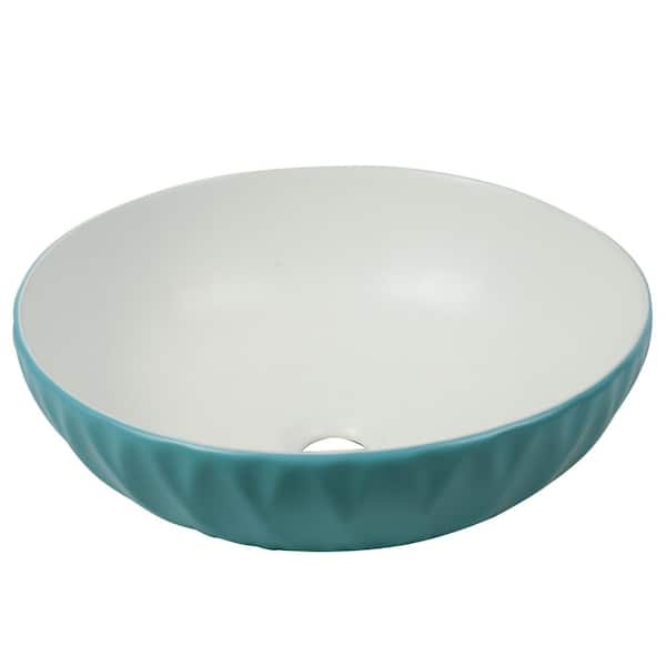 16 in. Round Ceramic Vessel Bathroom Sink in Mist Blue