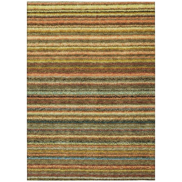Coral, Gold, Green 5 ft. x 8 ft. Woven Striped Polyester Rectangle Indoor / Outdoor Area Rug