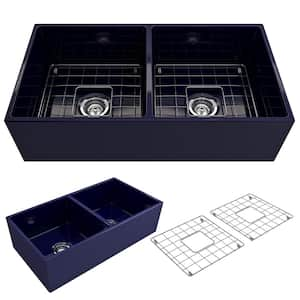 Contempo Farmhouse Apron Front Fireclay 36 in. Double Bowl Kitchen Sink with Bottom Grid and Strainer in Sapphire Blue