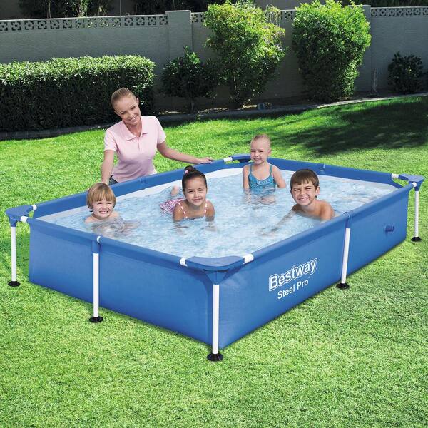 Bestway Steel Pro 87 Inch x 59 Inch x 17 Inch Rectangular Metal Frame Above Ground Outdoor Backyard Swimming Pool, Blue (Pool Only)