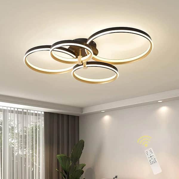 31.89 in. 60-Watt Modern Black Dimmable Integrated LED Flush Mount with Gold Shade and Remote Included