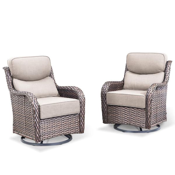 NovaSwivel 3-Piece Brown PE Wicker Paito Conversation Set with 6 in. Thick Olefin Beige Cushion Outdoor Swivel Chair Set